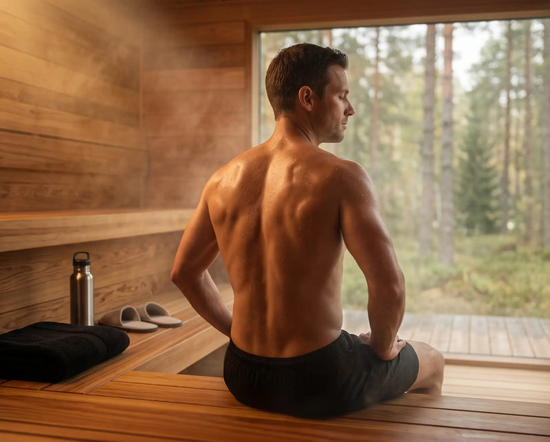 man in sauna die actief aan het herstellen is