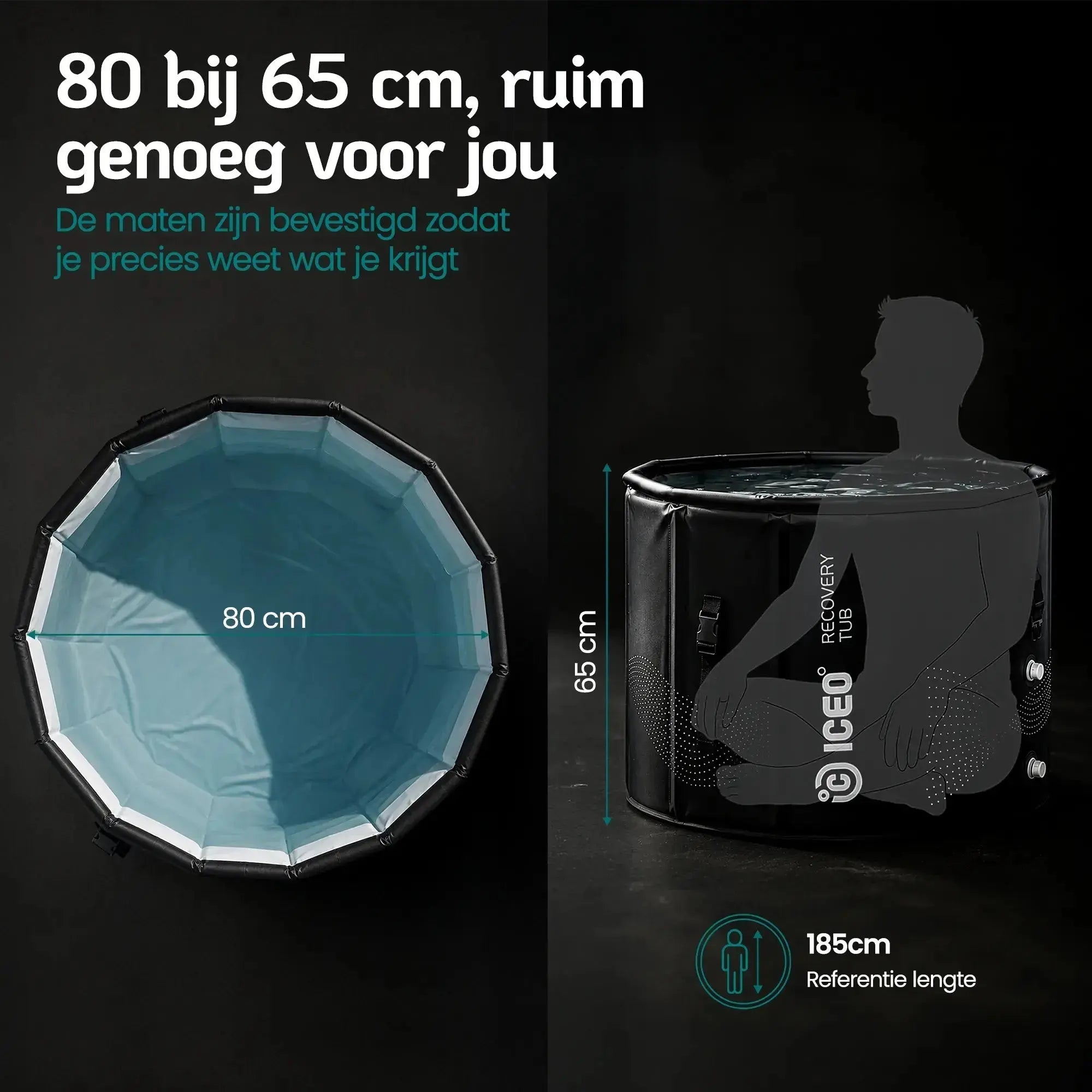 Afmetingen van de ICEO Recovery Tub: 80 cm doorsnede en 65 cm hoog