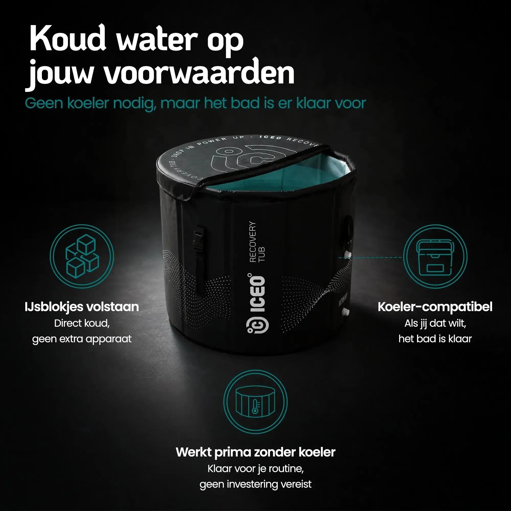 ICEO Recovery Tub werkt met ijsblokjes en is geschikt voor aansluiting van een koeler