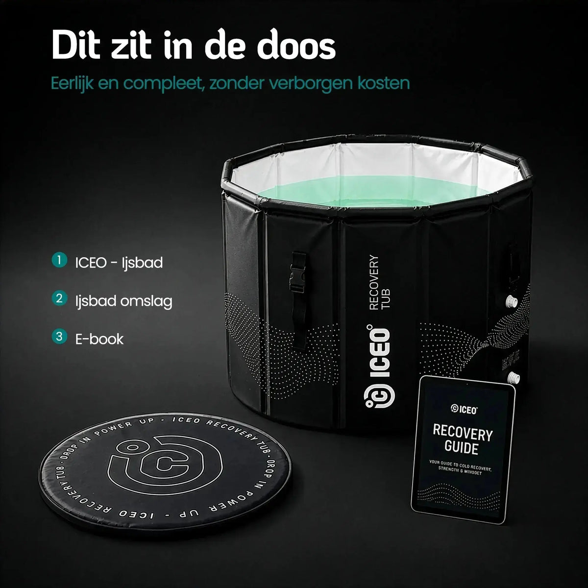 Inhoud van de doos van de ICEO Recovery Tub: ijsbad, omslag en recovery guide e-book