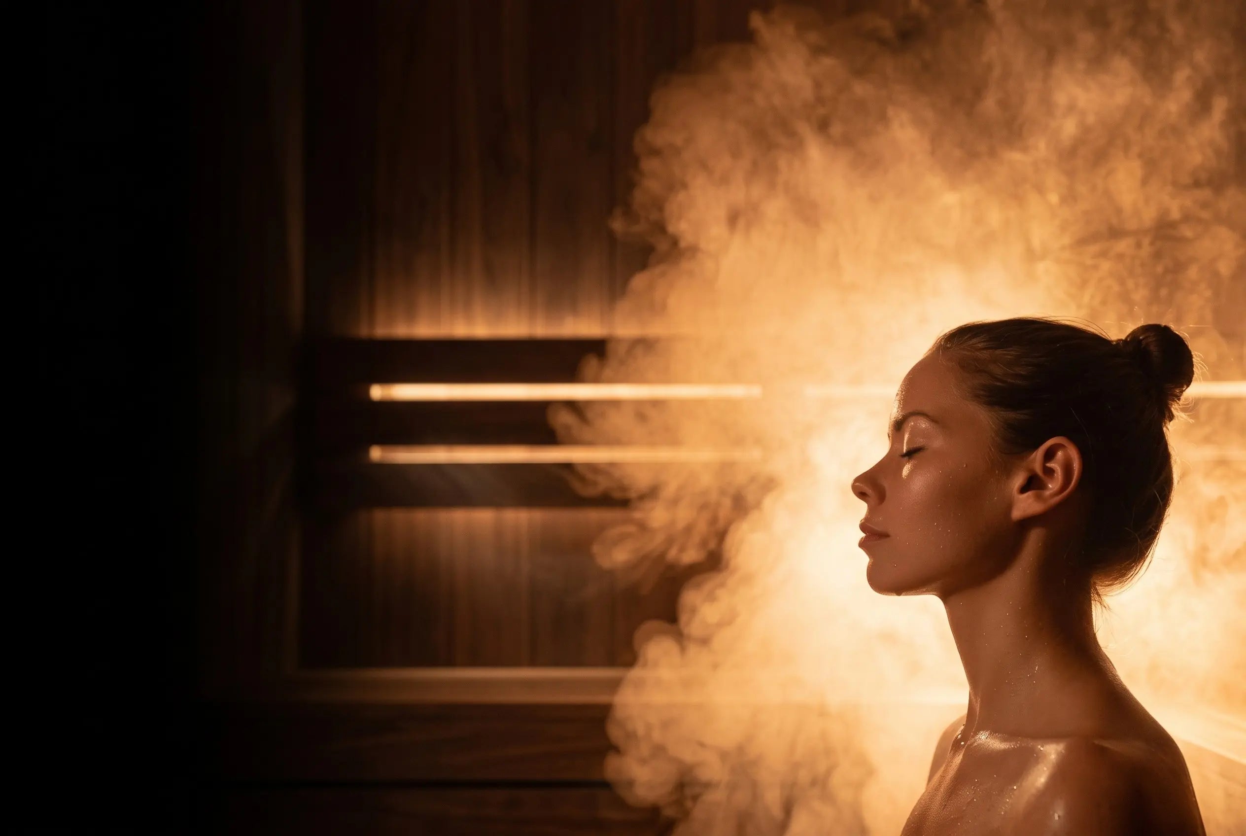 heat therpay hero afbeelding, vrouw in sauna