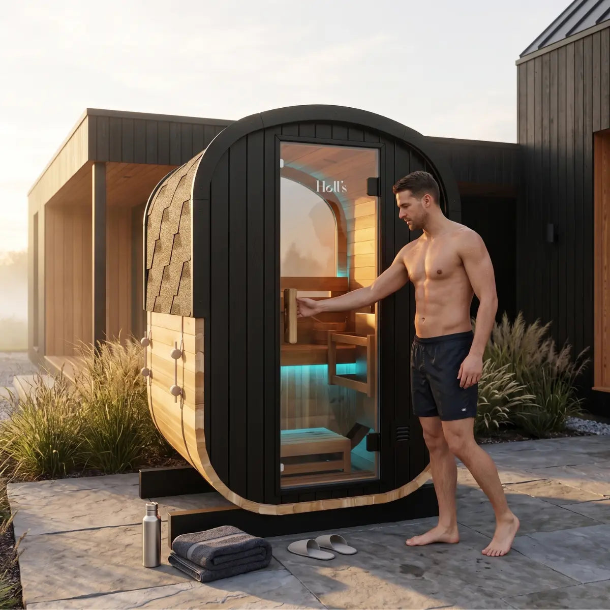 Twee ICEO-oprichters bekijken een Holl's saunabrochure naast een sauna en ijsbad