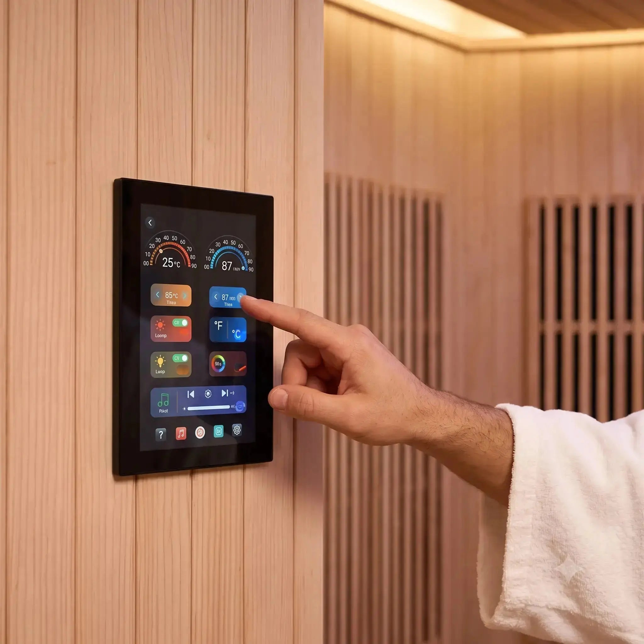 Hand bedient het touchscreen bedieningspaneel van de ICEO Maan infraroodsauna, met temperatuur en tijd op het display