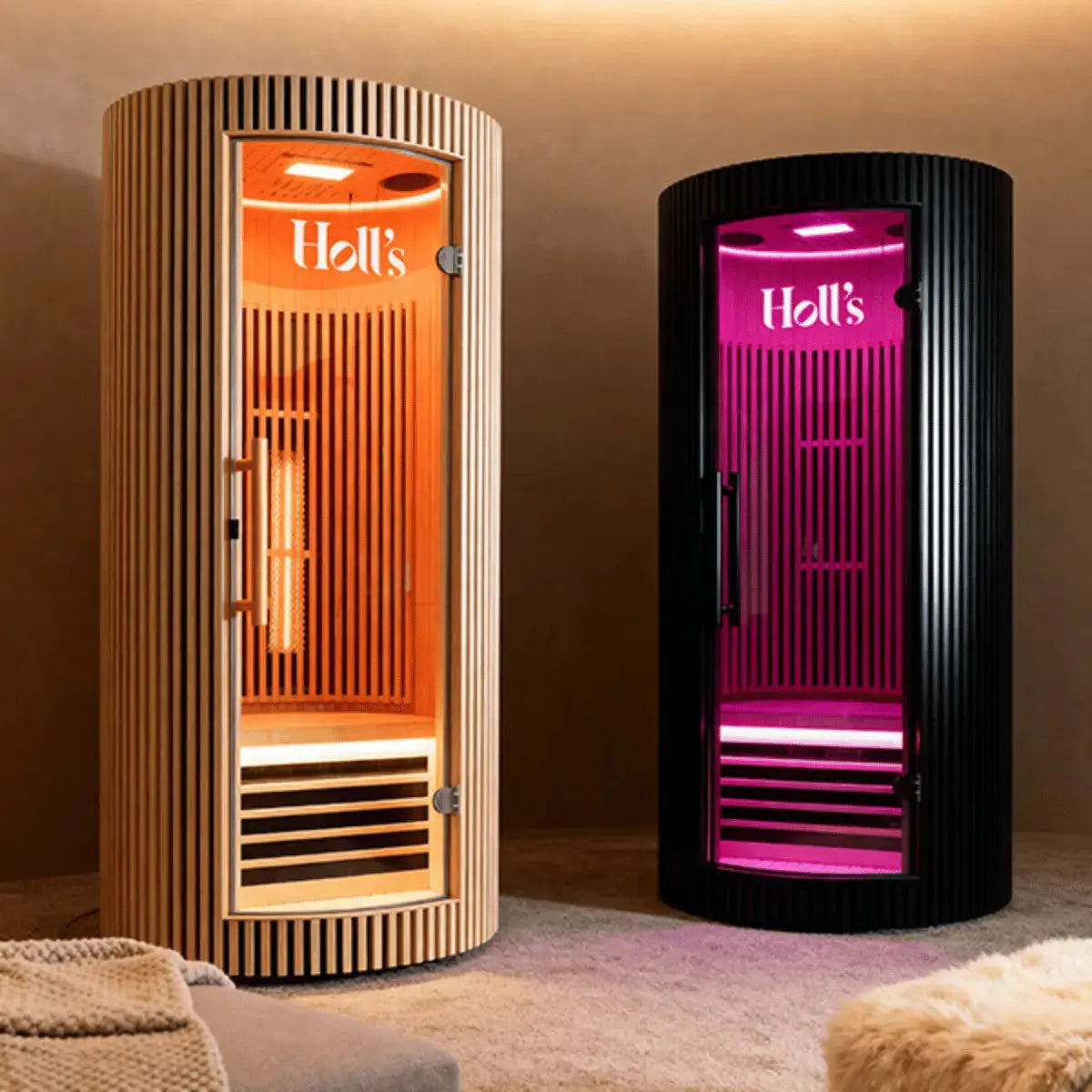 ICEO Maan infraroodsauna voor 1 persoon in houtkleur en in zwart naast elkaar, met oranje en roze ledverlichting