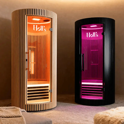 ICEO Maan infraroodsauna voor 1 persoon in houtkleur en in zwart naast elkaar, met oranje en roze ledverlichting