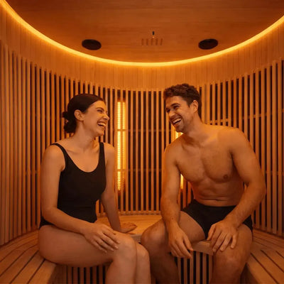 Twee personen zitten ontspannen in een ICEO Maan infraroodsauna met warme sfeerverlichting en houten lamellen