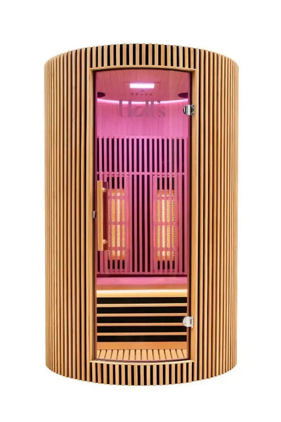 ICEO Maan infraroodsauna voor 2 personen in houtkleur, vooraanzicht met zichtbare infraroodstralers