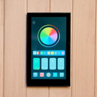 Touchscreen bedieningspaneel van de ICEO Maan infraroodsauna met kleurenwiel voor de sfeerverlichting