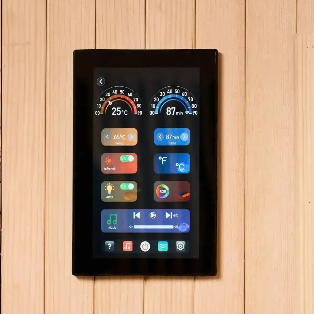 Touchscreen van de ICEO Maan infraroodsauna voor 4 personen met temperatuur en sessietijd