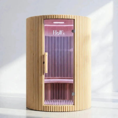 ICEO Maan infraroodsauna voor 4 personen in houtkleur, ronde cabine met glazen deur en zitbank