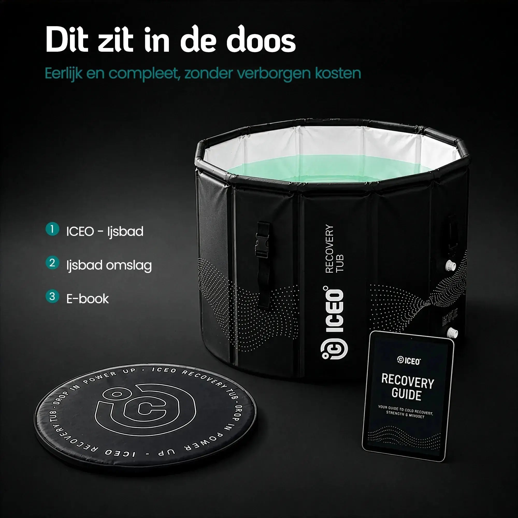 Inhoud van de doos van de ICEO Recovery Tub: ijsbad, omslag en recovery guide e-book