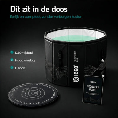 Inhoud van de doos van de ICEO Recovery Tub: ijsbad, omslag en recovery guide e-book